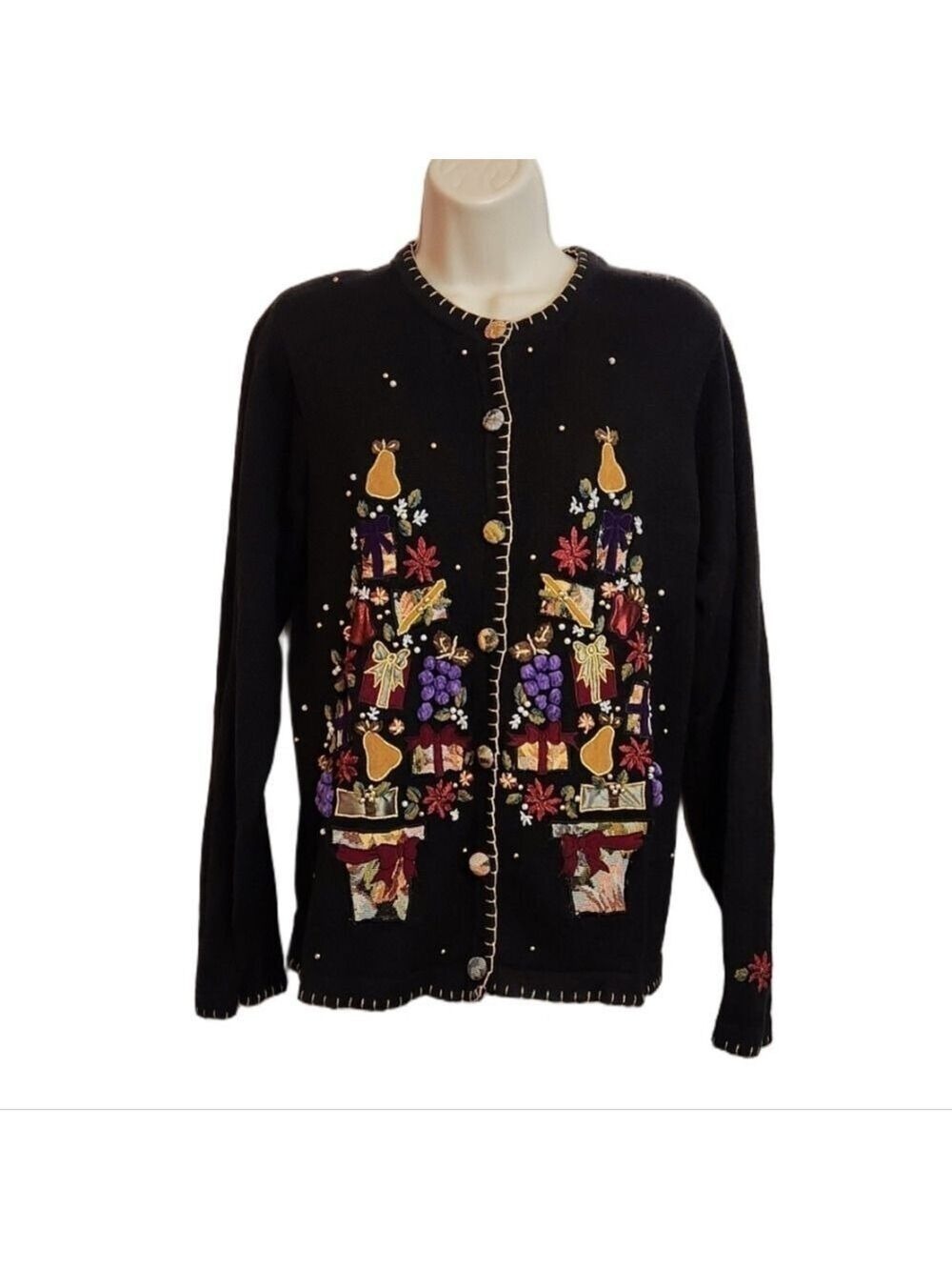 Victoria Jones Black Gold Fruit Tree Cardigan Sweater Large